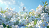Transparent bottle of perfume surrounded with white gardenia flowers on blue sky background. Floral perfume bottle with white blooming flowers. Elegant luxury fragrance presentation with daylight