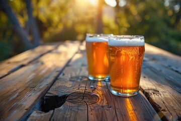 Three glasses of beer are on a wooden table with flowers in the background