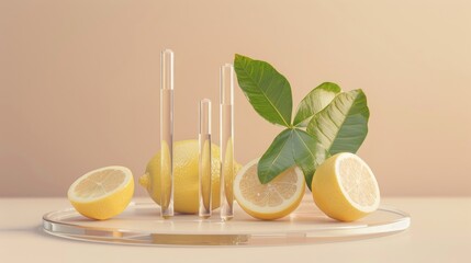 Wall Mural - front view of clear podium with lemon lab tools and green leaf on beige backdrop scientific theme