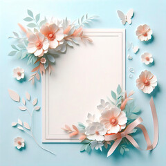 Wall Mural - Wedding invitation or greeting card mockup without text with flowers on a light blue background