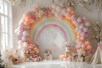 Wall Mural - A baby shower with a white tent and pink and white balloons