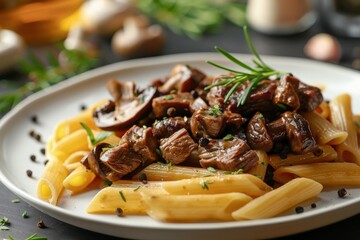 Wall Mural - A plate of pasta with meat and mushrooms