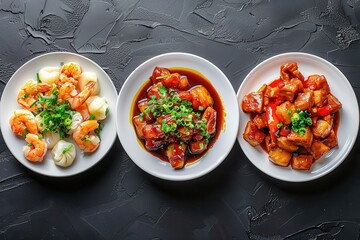 Wall Mural - Three plates of food with different types of meat and vegetables