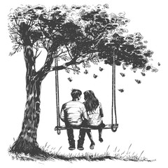 Canvas Print - young couple sitting on a swing on the tree with engraving style