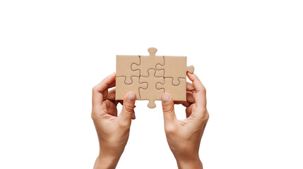 Puzzle piece in hand on transparent white background