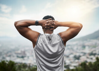 Sticker - Back, exercise and black man stretching arms in city with thinking, outdoor fitness and calm morning view. Health, wellness and athlete at sunrise with warm up for muscle, urban workout and relax