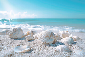 Wall Mural - shells on the beach with a blue sky in the background.