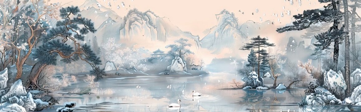 Serene Blossoming Mountainscape A Sumi e Ink Painting of Young Trees and Sakura with Happiness Hieroglyph. Wall art. AI generated illustration