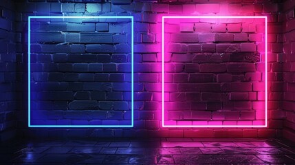 Modern two color neon lights purple and yellow With a dark brick wall background. Can be used as your background, poster and banner design