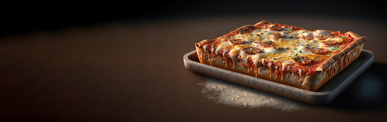 Wall Mural - Pizza Sicilian, cut into pieces, dark background. Traditional Italian cuisine. AI generated.
