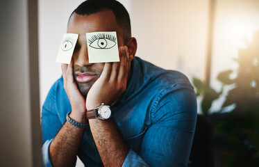 Aufkleber - Tired man, eyes and night with sticky notes to hide sleep, emotion or expression at office desk. Face of bored man or employee with paper to mask depression, anxiety or stress in fatigue at workplace