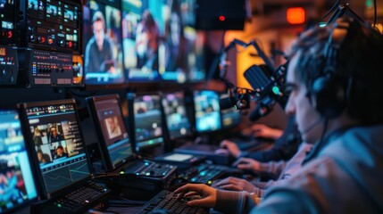 behindthescenes view of a live broadcast control room multiple screens illuminate focused technicians as they navigate complex equipment capturing the intensity of realtime media production