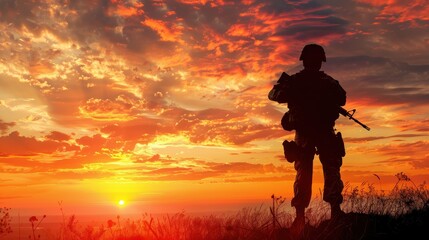 Wall Mural - Soldier silhouette at sunset