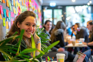 Poster - session of work, a girl is smiling while using a laptop