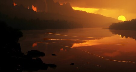 Wall Mural - A serene sunset over a calm river with reflections of the sun on the water