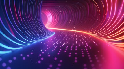 Wall Mural - Abstract Neon Tunnel with Glowing Lines and Lights - An abstract 3D render of a tunnel formed by glowing neon lines with pink and blue highlights. The tunnel leads to an opening.