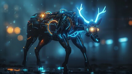 Wall Mural - Cybernetic Deer in Neon Cityscape - A futuristic deer with glowing blue lines and orange lights walks through a city with a blurred neon background.