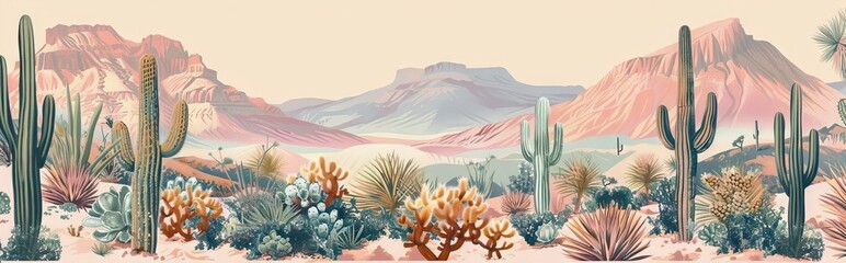Seamless pattern with mountains, blooming cacti, opuntia, blue agave, and saguaro. Desert landscape. background. AI generated illustration