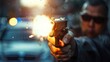 © Ferman Bagus Istuhri - policeman shoot using a gun, closeup on blur background