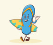 © createvil - Summer Surfing Retro Cartoon Characters Label. Groovy Surf Board, Flip Flops Slippers Illustrations. Beach Personage Walking Smiling Vintage Vector Drawings Logo Isolated