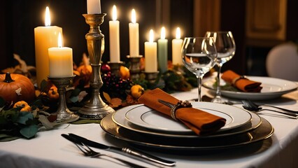 Elegant and cozy Thanksgiving dinner table with candles, pumpkins, and an autumn-themed centerpiece, perfect for festive gatherings and celebrations.