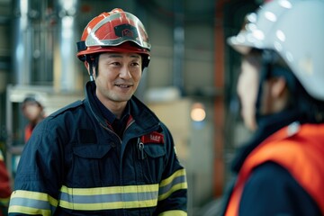 Wall Mural - Portrait of a Japanese firefighter explaining the use of fire safety tools to a new recruit, high quality photo, photorealistic, engaging atmosphere, well-lit setting