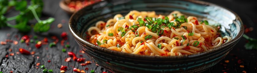 Canvas Print - Spicy garlic oil coats flat noodles with red chili flakes and garlic