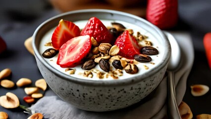 Poster -  Delicious and nutritious breakfast bowl with fresh strawberries and nuts