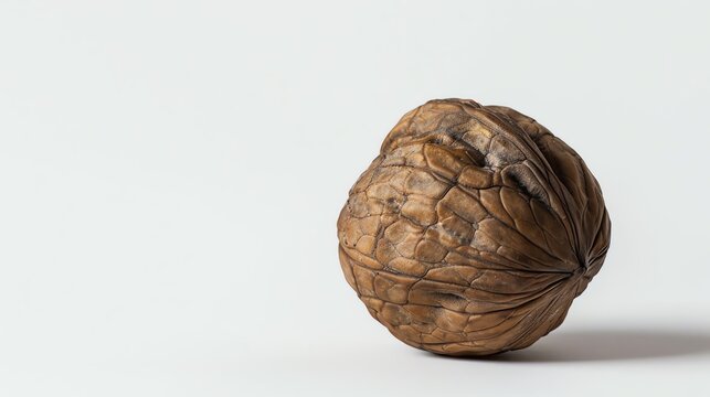 Close-up of a single walnut with a textured shell on a white background. Nut isolated for healthy food concept and natural snack ideas.