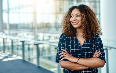 Poster - Business, thinking and black woman with arms crossed, decision and career ambition for startup. African person, entrepreneur and consultant with creative agency, problem solving or solution in office