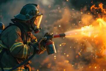 Wall Mural - Portrait of an American firefighter using a fire extinguisher during a drill, high quality photo, photorealistic, precise action, bright environment