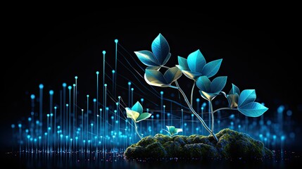 A digital plant grows from the center of an array of graphs and charts