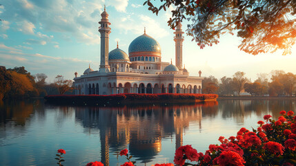 a beautiful mosque near garden and lake