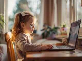 student girl doing homework on computer for school. Home schooling concept