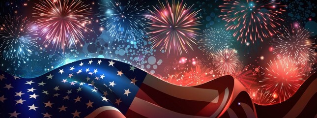 Poster - beautiful colorful fireworks with american flag background vector illustration, banner design for red white and blue party on July 4th, banner template design element Generative AI