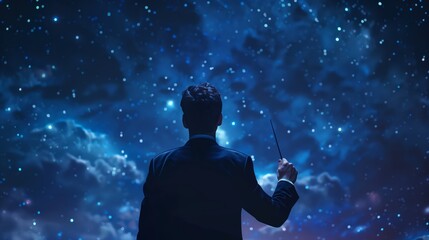 The conductor holding the baton standing against the night sky, The leader stands alone under the Milky Way galaxy sky.