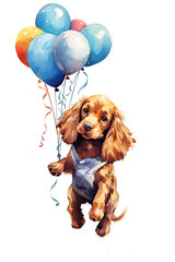 Wall Mural - A dog is holding a bunch of balloons in its mouth