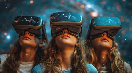 Children in a classroom setting, equipped with VR headsets, engaging in a virtual tour of the cosmos, surrounded by visuals of the solar system and distant stars