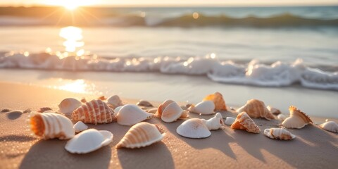 Wall Mural - Seashells on a sandy beach with sunlight and water in the background