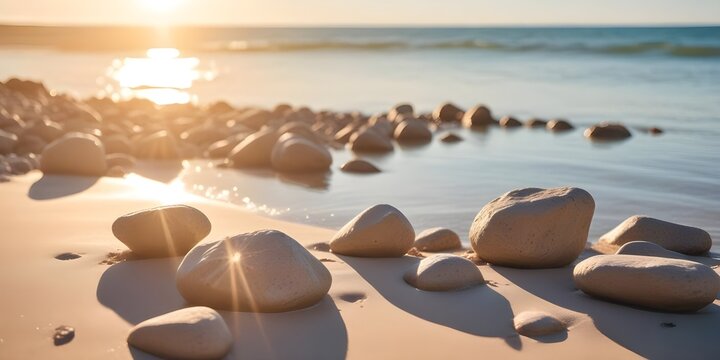 Rocks on a sandy beach with sunlight and water in the background