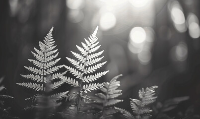 Wall Mural - Ferns in black and white, a close-up of delicate fronds with intricate patterns, set against an abstract background, creating a natural yet artistic atmosphere. 