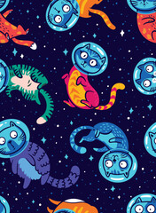 Wall Mural - Colorful space cats. Vector pattern design