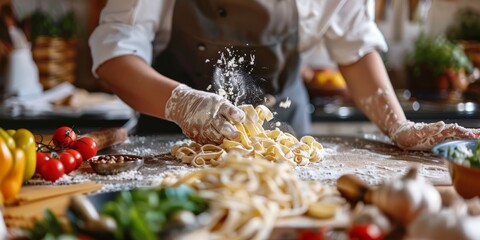 Wall Mural - a hands-on cooking class where participants learn to make fresh pasta, surrounded by ingredients and