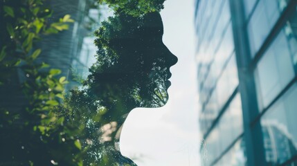 Wall Mural - forest merging with tall building close up, focus on, copy space, striking visuals, Double exposure silhouette with architectural impact