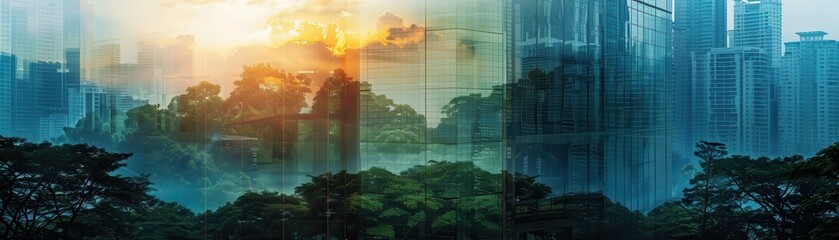 Wall Mural - forest merging with tall building close up, focus on, copy space, striking visuals, Double exposure silhouette with architectural impact