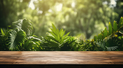 generated illustration of natural background with green foliage in sunlight and empty wooden tabletop