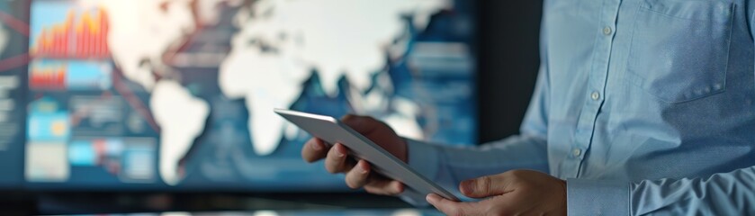 Poster - Businessman using a tablet with world map in the background.