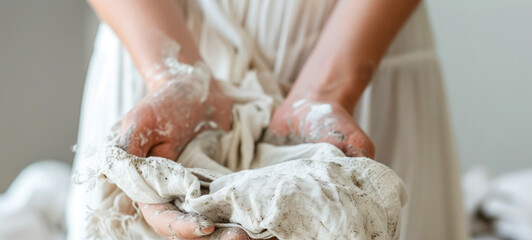 Close-up of hands holding dirty white cloth in laundry room, 
