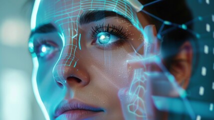 Poster - Close-up portrait of a womans face with a blue digital overlay on her skin. The overlay is a network of lines and dots, creating a futuristic and abstract effect.