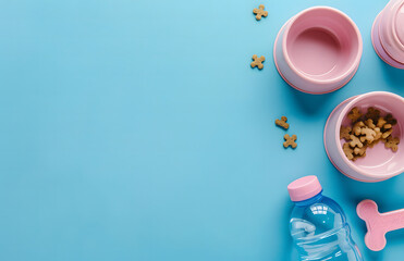 pet accessories pink on blue background with copy space